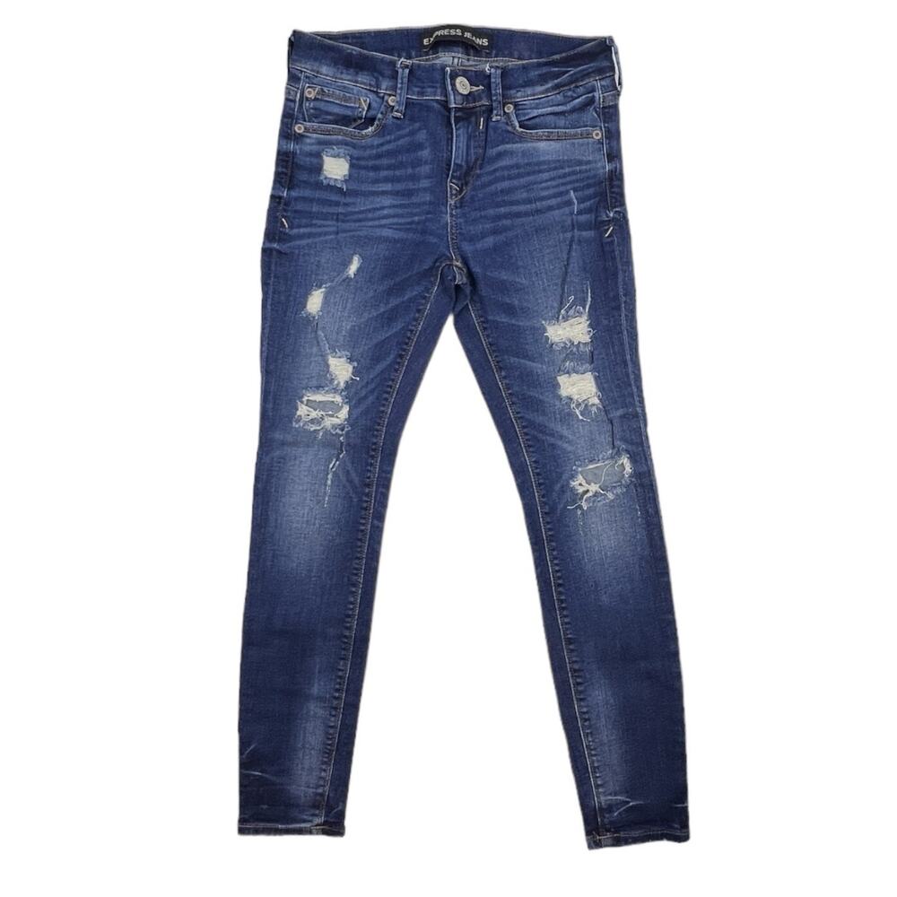 Express Jeans Mid Rise Ripped Distressed Denim Dark Blue Wash Leggings Womens 0 - Picture 1 of 7